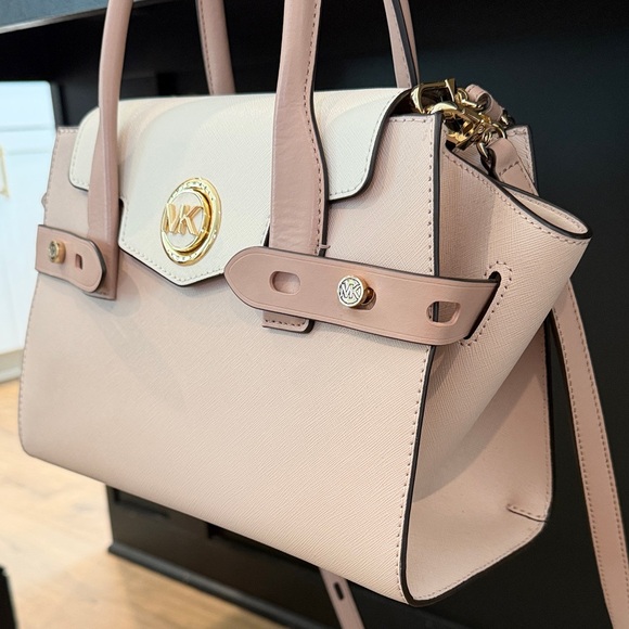 Michael Kors Carmen Medium Color-Block Saffiano Leather Blush Belted Satchel - Picture 7 of 12